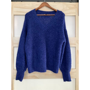 INC International Concepts Blue V-Neck Chunky Knit Sweater with Button Cuff